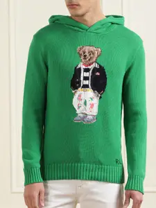 Polo Ralph Lauren Men Green & White Cotton Quirky Hooded Pullover