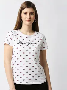 Pepe Jeans Women Off White & Red Typography Printed T-shirt