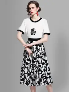 JC Collection Women White & Black Printed Top & Skirt Co-Ord Set