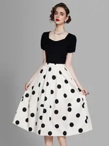 JC Collection Women White & Black Polka Dots Printed Top with Skirt Co-Ords Set