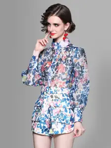 JC Collection Women Blue & Pink Printed Shirt with Shorts Co-Ords Set