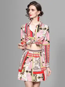 JC Collection Women Red & White Printed Shirt with Skirt Co-Ords Set