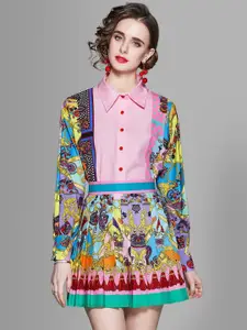 JC Collection Women Multicoloured Printed Shirt with Skirt Co-Ords Set