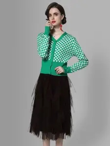 JC Collection Women Green & Black Checked Sweater with Skirt
