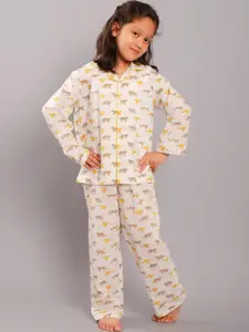 My Little Lambs Girls Beige & Yellow Printed Pure Cotton Night suit