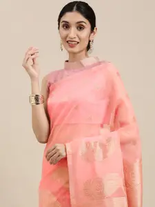 Mitera Pink & Golden Paisley Linen Blend Banarasi Saree