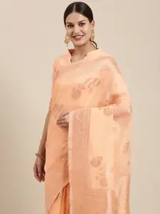 Saree mall Peach-Coloured & Golden Ethnic Design Linen Blend Banarasi Sarees