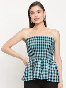 TAG 7 Blue Checked Tube Pure Cotton Peplum Top