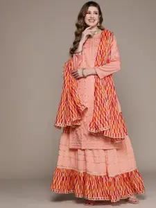 Ishin Women Peach-Coloured & Red Floral Embroidered Thread Work Kurta with Skirt & Dupatta