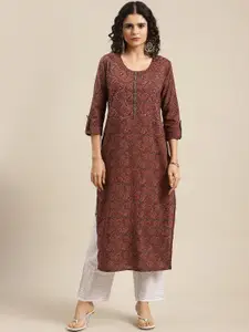 Varanga Women Sequin Ajrakh Motif Printed Cotton Thread Work Kurta
