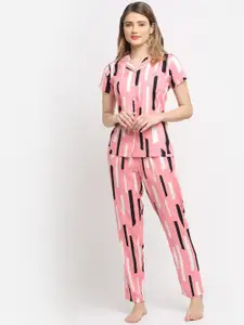 Claura Women Pink & Black Geometric Printed Cotton Night Suit