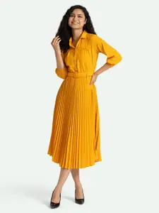 AASK Mustard Yellow Crepe Midi A-Line Dress