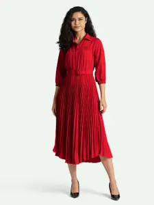 AASK Red Striped Crepe Shirt Midi Dress