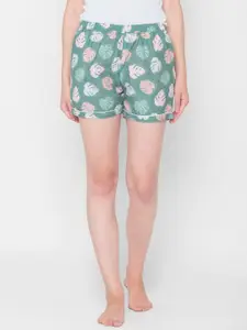 NOIRA Women Green & Pink Printed Lounge Shorts