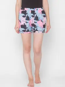 NOIRA Women Blue & Pink Abstract Printed Lounge Shorts