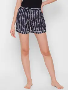 NOIRA Women Black & Peach-Coloured Striped Lounge Shorts