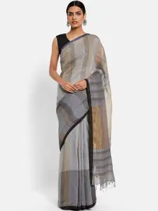 Fabindia Grey & Beige Abstract Woven Design Pure Linen Saree