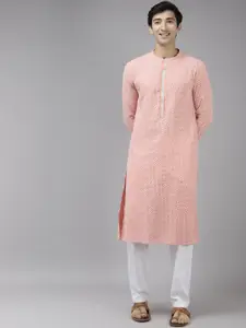 See Designs Men Peach-Coloured Printed Pure Cotton Kurta with Trousers