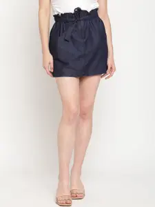 TAG 7 Women Navy Blue Paper Bag Waist Denim Regular Fit Mini Skirt