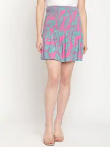 TAG 7 Women Pink & Blue Tropical Printed Smocking Skirts