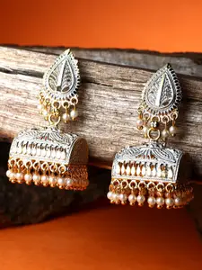 ANIKAS CREATION  Gold Plated & White Contemporary Jhumkas Earrings