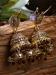 ANIKAS CREATION Gold-Plated & Maroon Peacock Shaped Jhumkas Earrings