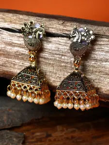 ANIKAS CREATION Gold-Plated & Off White Peacock Shaped Jhumkas Earrings