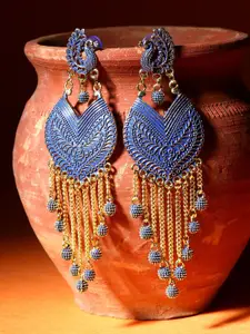 ANIKAS CREATION Blue & Gold-Toned & Plated Enamelled Beaded Drop Earrings