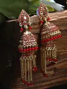 ANIKAS CREATION Red Gold-Plated Contemporary Jhumkas Earrings