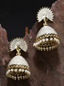 ANIKAS CREATION White Peacock Shaped Jhumkas Earrings