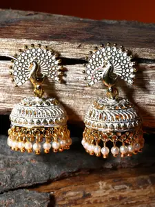 ANIKAS CREATION White & Gold-Toned Peacock Shaped Jhumkas Earrings