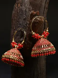 ANIKAS CREATION Gold-Plated Red Contemporary Jhumkas Earrings
