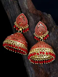 ANIKAS CREATION Red & Gold-Plated Contemporary Jhumkas Earrings