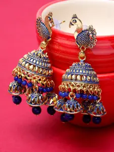 ANIKAS CREATION Blue & Gold-Toned Peacock Shaped Jhumkas