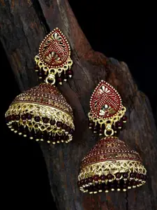 ANIKAS CREATION Maroon Gold-Plated Contemporary Jhumkas Earrings