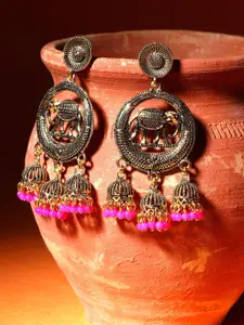 ANIKAS CREATION Pink & Gold-Plated Dome Shaped Jhumkas Earrings
