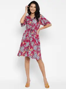 DEEBACO Red Floral Printed Elasticated Dress