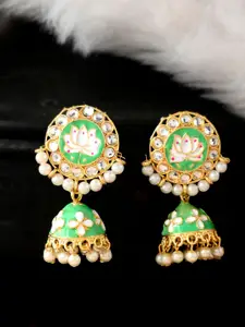 Silvermerc Designs Women Green & Gold-Toned Kundan Studded Contemporary Jhumkas