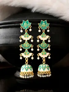 Silvermerc Designs Green & Gold-Toned Contemporary Jhumkas Earrings