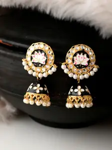 Silvermerc Designs Women Black & Gold-Toned Kundan Studded Contemporary Drop Earrings