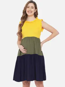 The Dry State Yellow & Green Colourblocked Maternity Dress