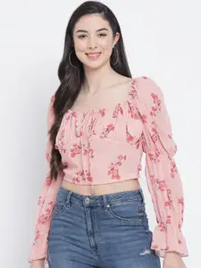 Orchid Hues Pink & Coral Red Floral Print Corset Crop Top