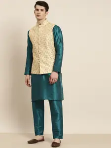 SOJANYA Men Teal Kurta with Churidar & Nehru Jacket