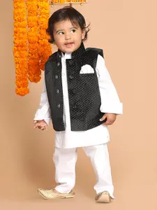 VASTRAMAY Boys White Cotton Blend Kurta Pyjama & Polka Dot Printed Nehru Jacket