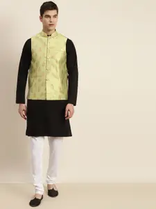 SOJANYA Men Black & Green Pure Cotton Kurta with Churidar & Nehru Jacket