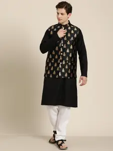 SOJANYA Men Black Solid Cotton Straight Kurta Churidar & Woven Design Nehru Jacket