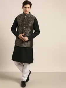 SOJANYA Men Black Solid Pure Cotton Straight Kurta Churidar & Woven Design Nehru Jacket
