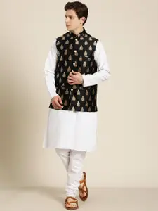 SOJANYA Men White Solid Pure Cotton Straight Kurta Churidar & Woven Design Nehru Jacket