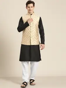 SOJANYA Men Black Solid Cotton Straight Kurta Churidar & Woven Design Nehru Jacket