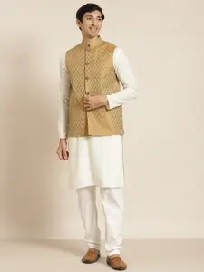 SOJANYA Men Cream-Coloured Chikankari Pure Cotton Kurta with Churidar & Nehru Jacket